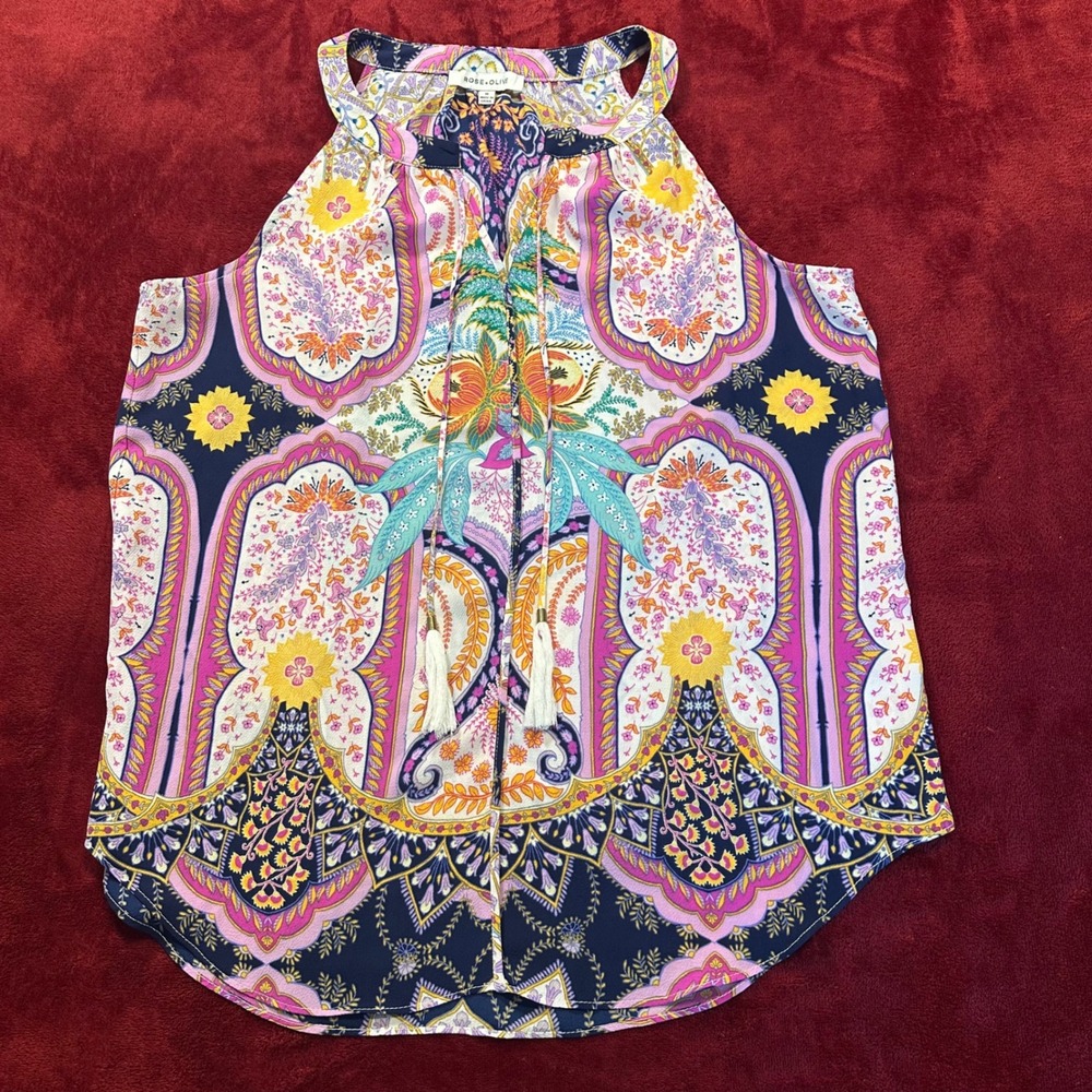 Rose +‎ Olive Womens Boho Paisley Floral Tassel Halter Blouse Pink Blue Medium